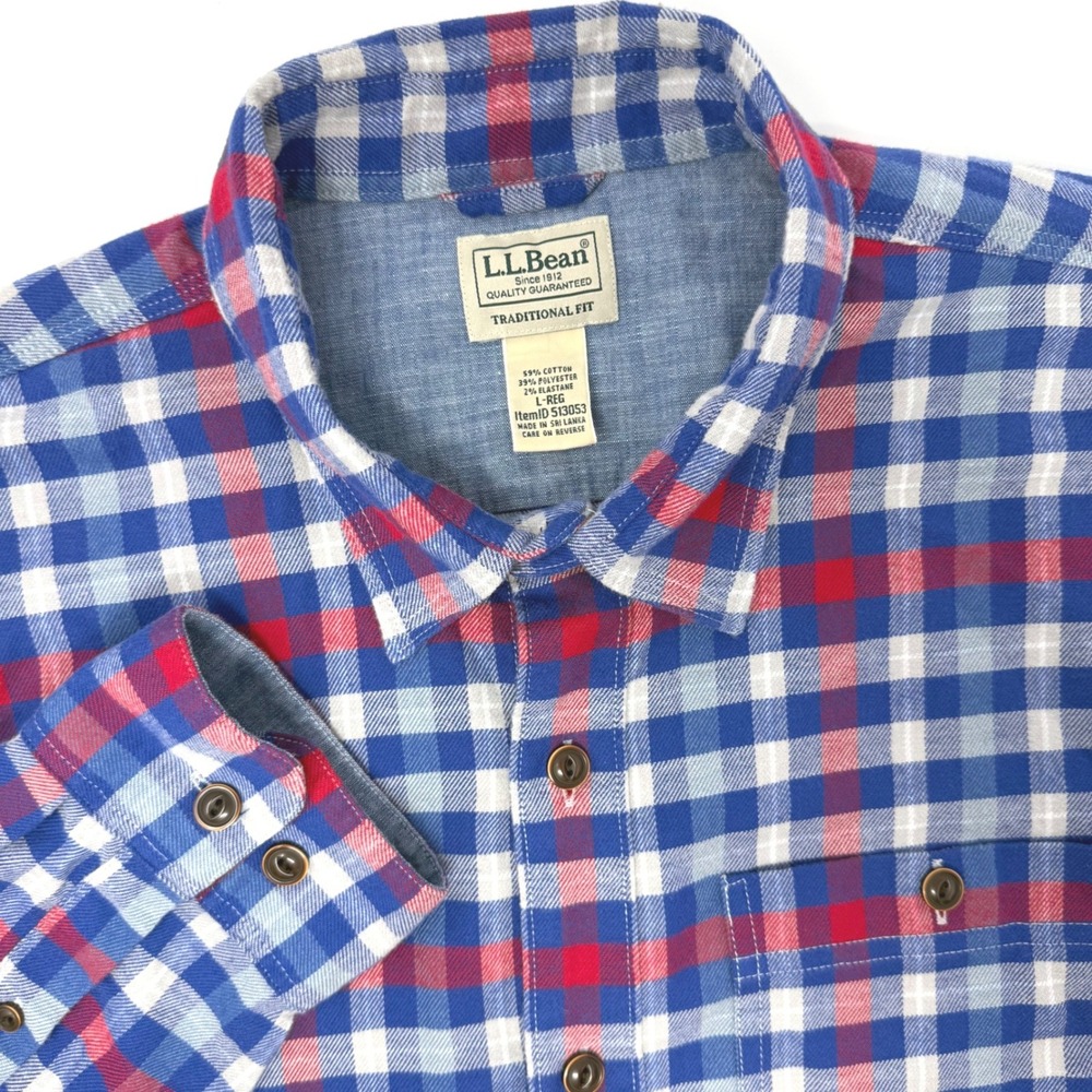 LL Bean Mens Large Traditional Fit Plaid Button Down Shirt Blue Red